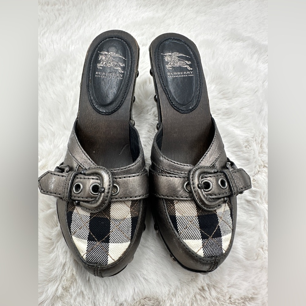 Burberry Brown Leather Heeled Clogs Quilted Plaid Vamp 37 US 7 Vintage 2001 nova - Picture 4 of 11